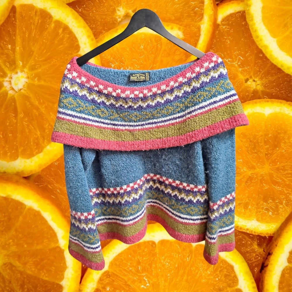American South Side Sweater Cape Wool Blend‎ Fair Isle Colorful Knit